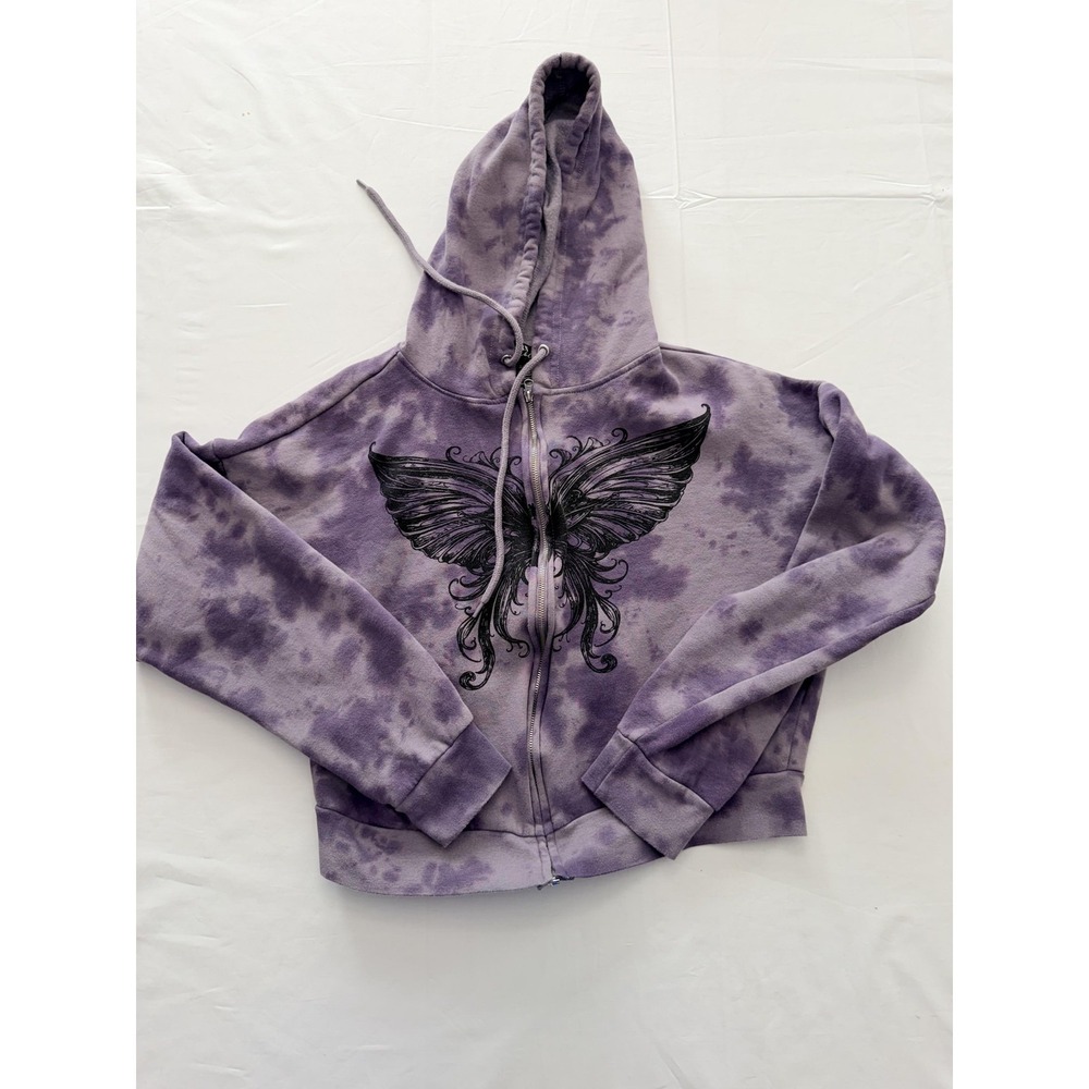 Thorn & Fable Hoodie Womens Large Purple Tie Dye Butterfly Full Zip Graphic
